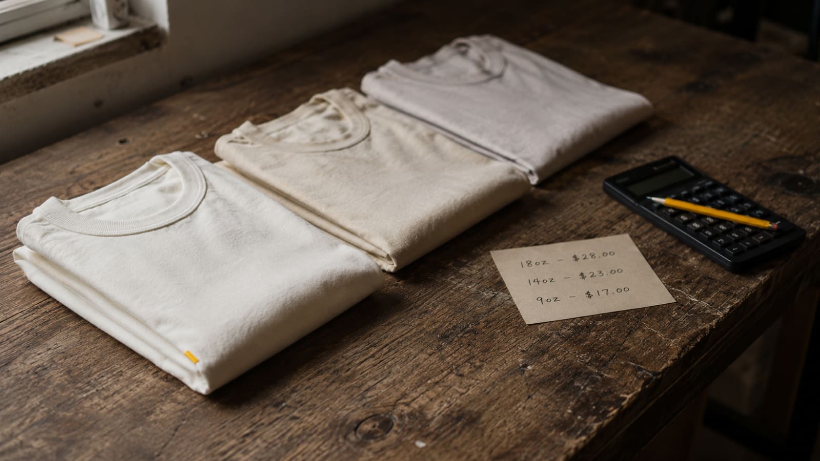 Three folded blank cotton t-shirts in slightly different cream tones lined up on a weathered oak worktable, with a handwritten pricing card and a calculator beside them.