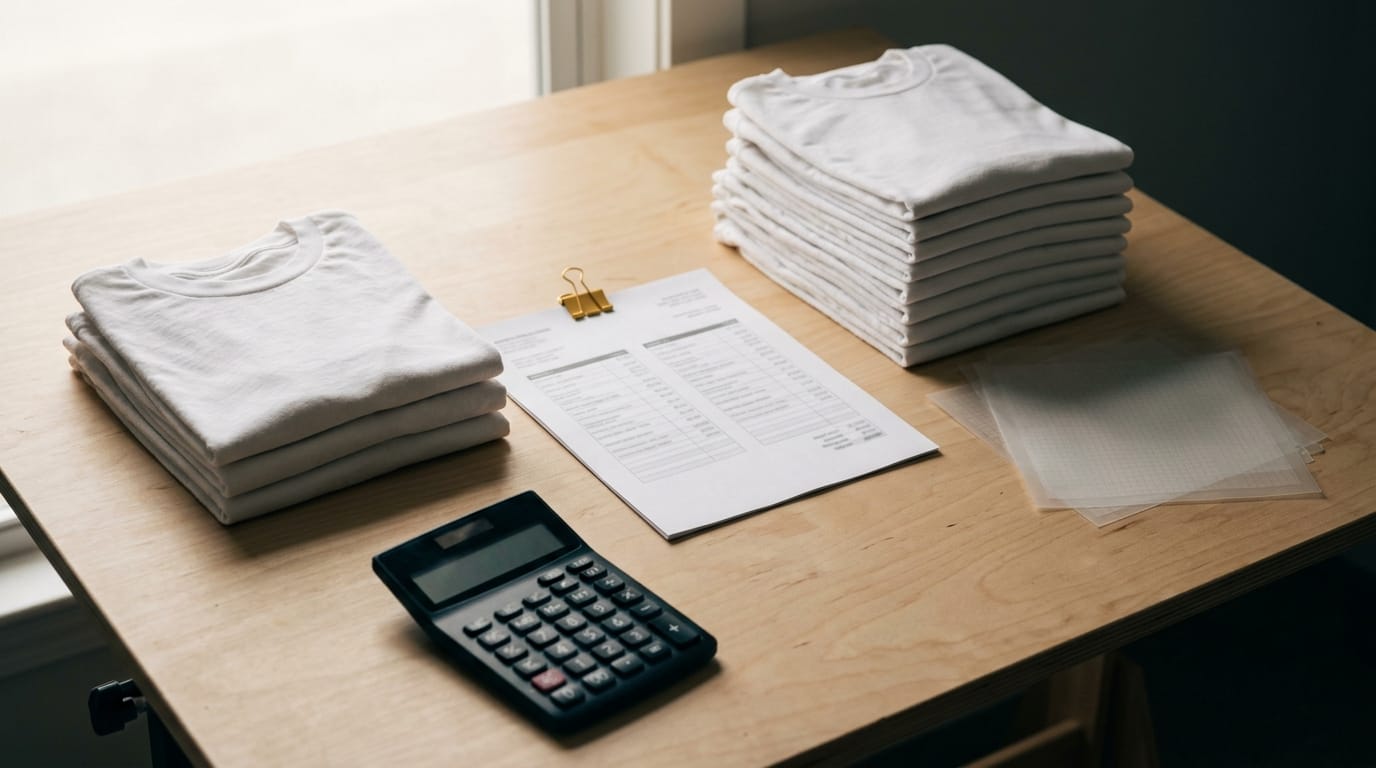 A side-by-side flat lay of two stacks of custom printed t-shirts, one small stack of roughly 10 shirts and one large stack of roughly 50 shirts, on a white table with a simple price tag visible on each stack