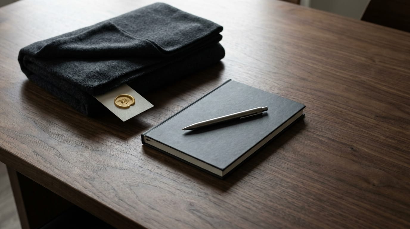 a small stack of premium branded retreat gifts on a polished wooden conference table, morning light through tall windows