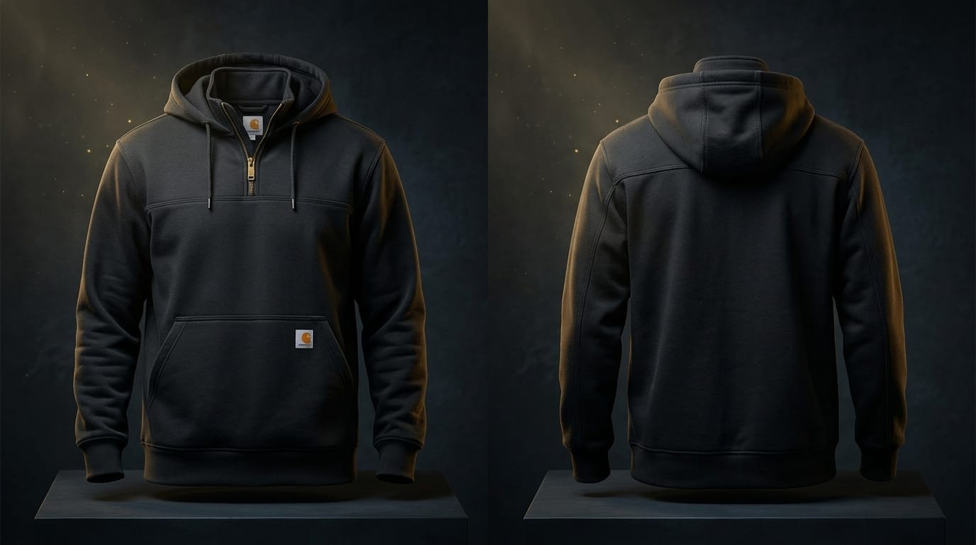 Carhartt Tall Rain Defender Paxton Heavyweight Hooded Zip Mock Sweatshirt CTT100617 in black, laid flat on a neutral background showing the mock neck collar, brass zipper, and front hand warmer pocket with Carhartt label