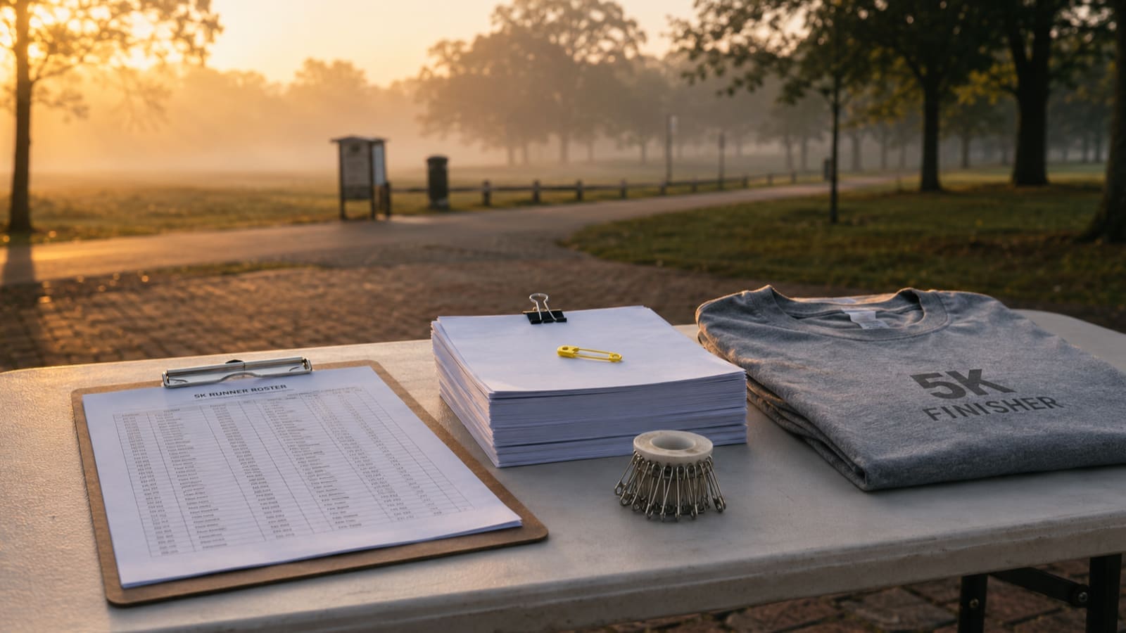 A registration table at the edge of a city park at dawn, set with a clipboard, a stack of race bibs held by a bulldog clip, safety pins, and a folded gray finisher t-shirt.