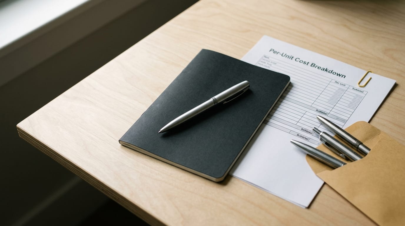 A Moleskine GO Pen resting on an open branded notebook beside a branded tote bag on a clean white desk