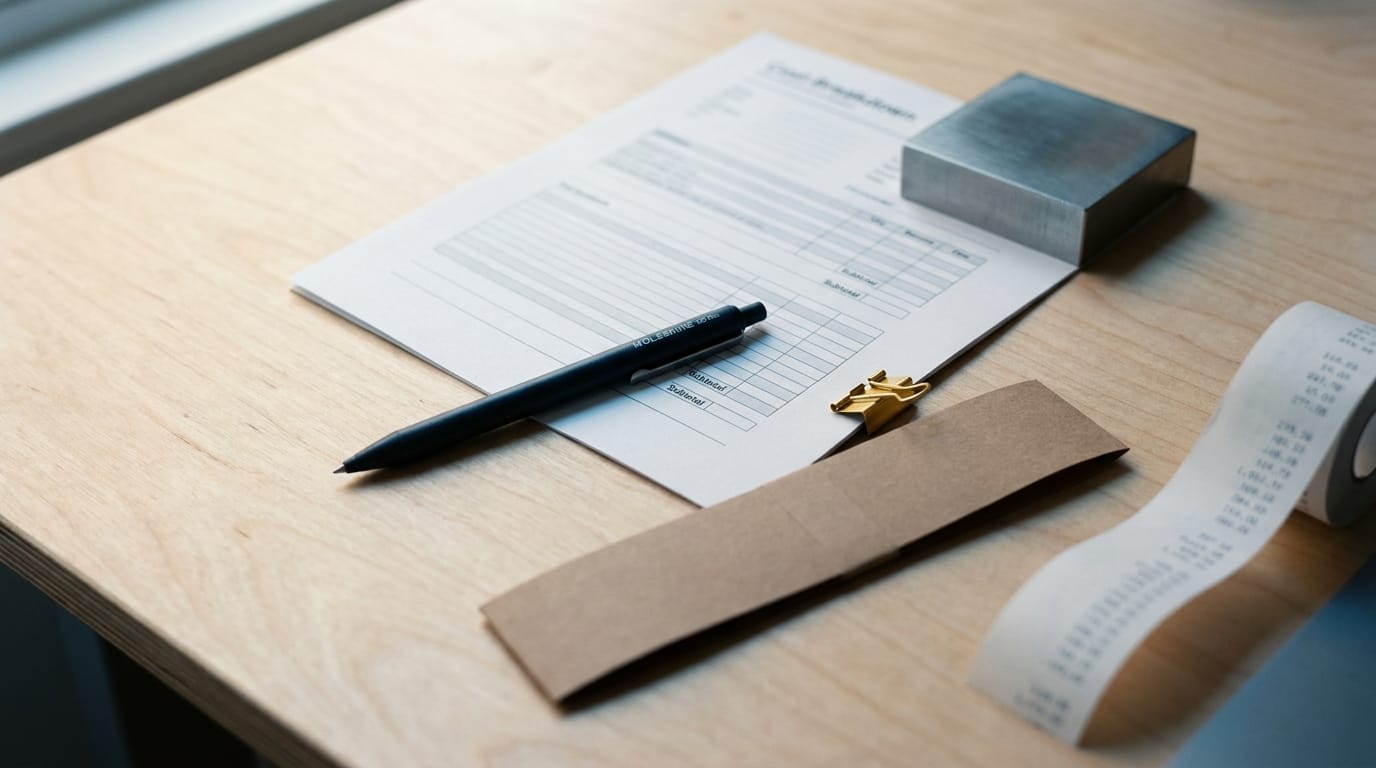 A Moleskine GO Pen resting on an open branded notebook beside a tidy onboarding welcome kit on a wooden desk