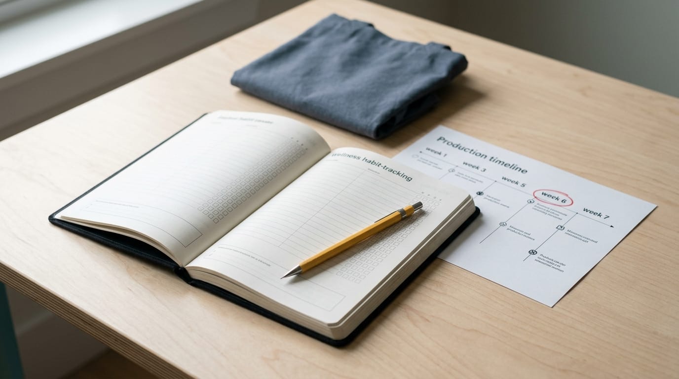 an open Moleskine Wellness Passion Journal resting on a wooden desk next to a branded pen and a small succulent plant