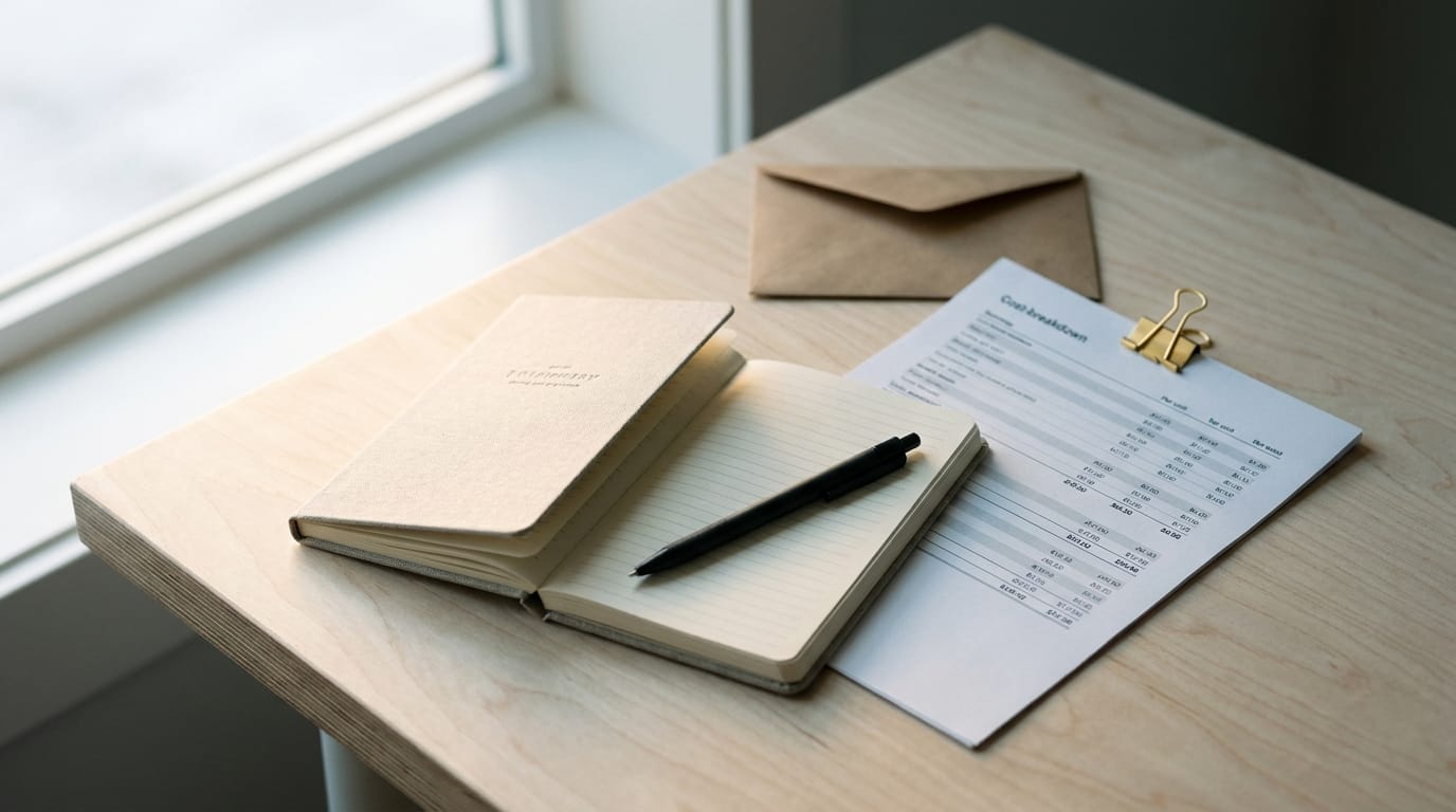A branded Moleskine pocket notebook and GO Pen gift set laid flat on a clean desk beside a company welcome kit