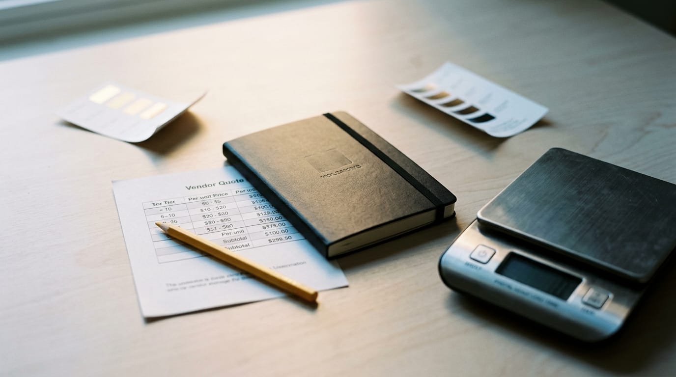 a flat-lay of a Moleskine pocket notebook gift set next to a company-branded welcome kit box on a light wood desk