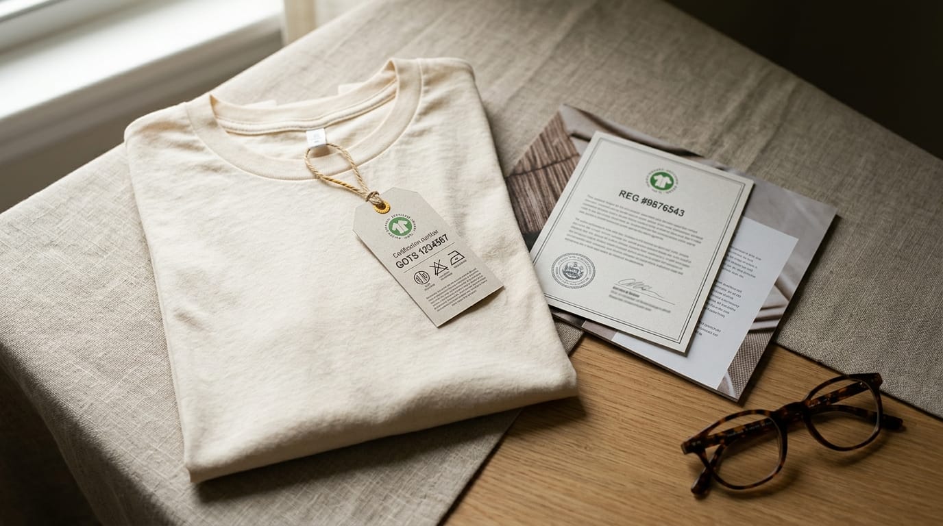 a close-up of several green certification stamps and labels on fabric swatches laid flat on a white table