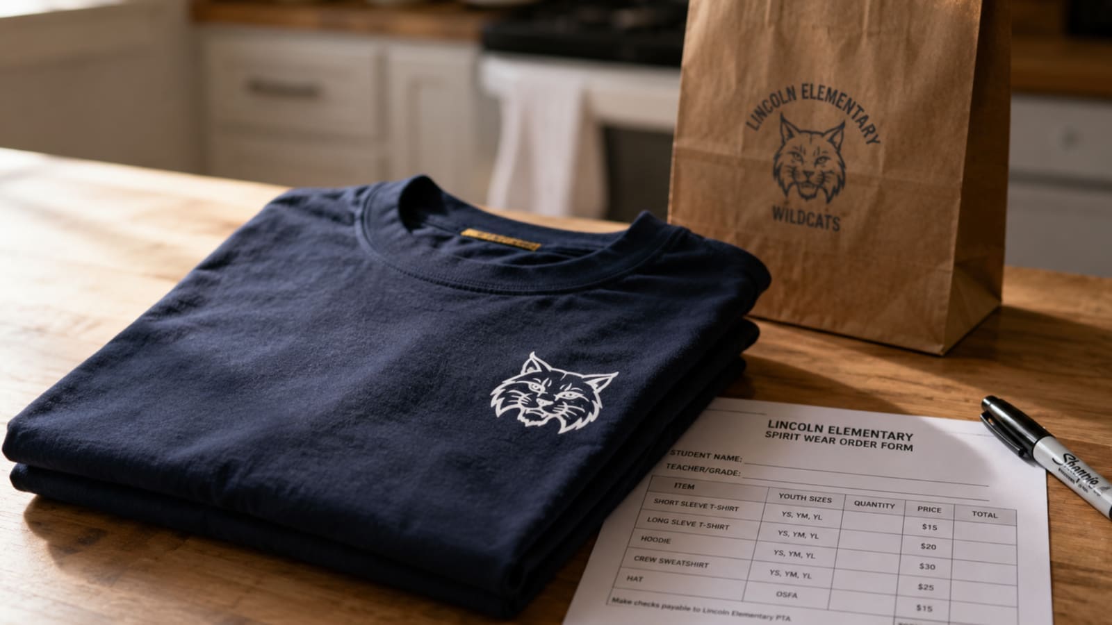 A folded navy school spirit t-shirt on a kitchen counter beside a kraft gift bag, a printed family order form, and a black Sharpie, lit by morning sunlight.
