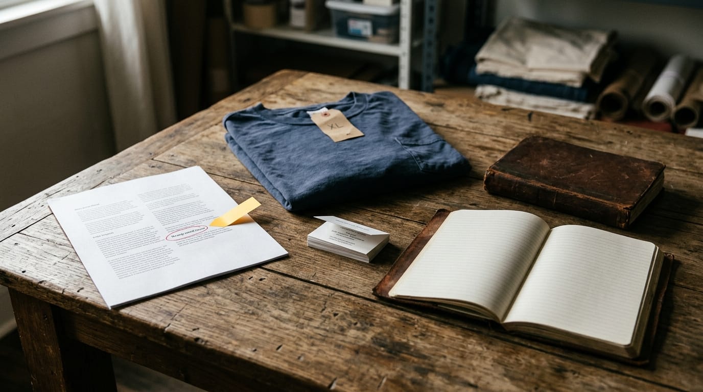 a cluttered folding table covered in mismatched event shirts, sticky notes, and a half-filled size chart spreadsheet