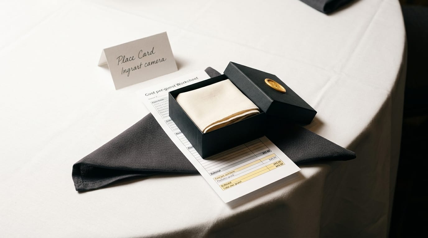 A single elegant gala place setting on deep navy linen with a folded white napkin, polished flatware, and a small paperback book wrapped in kraft and tied with twine.