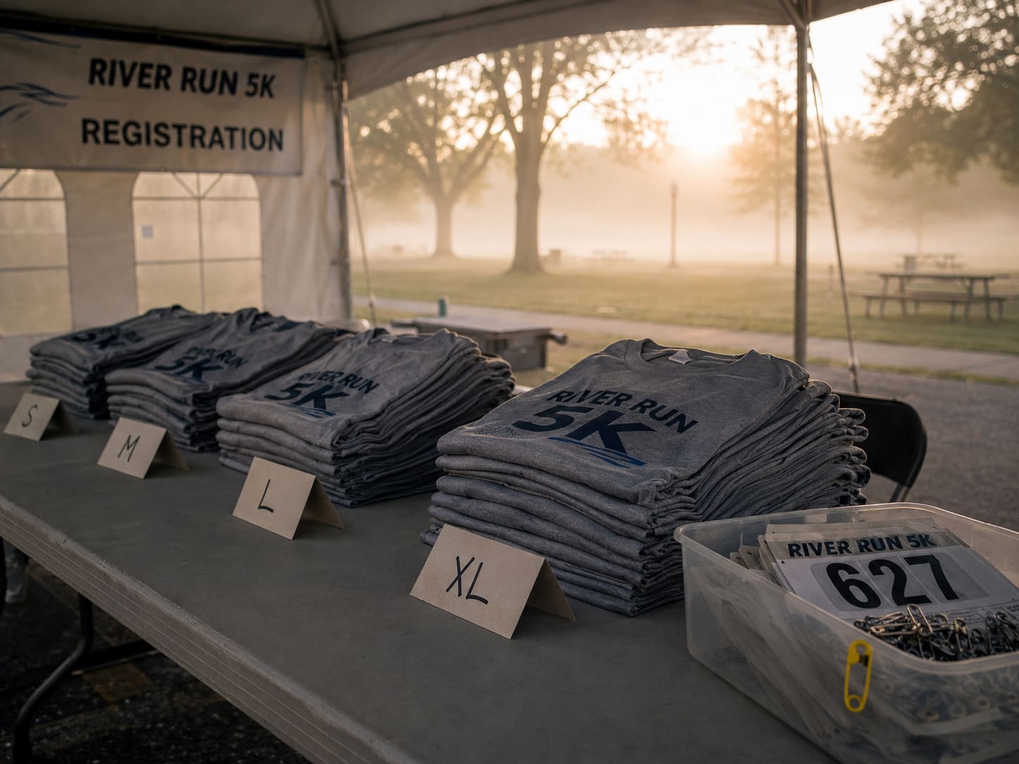 Folded race t-shirts sorted into S, M, L, and XL piles with handwritten size cards on a 5K registration table at dawn, beside a bin of race bibs and safety pins.