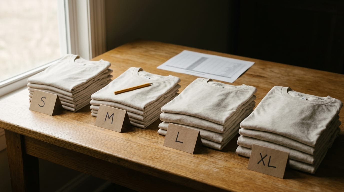 A folding table at an outdoor event covered in neatly stacked custom t-shirts sorted by size label