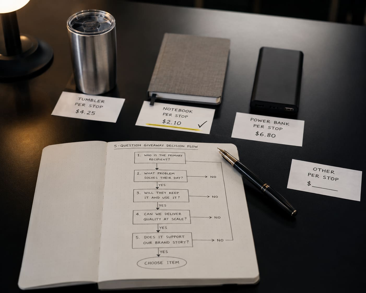 Trade-show booth counter with a hand-drawn five-question decision flow notebook and three giveaway options being compared