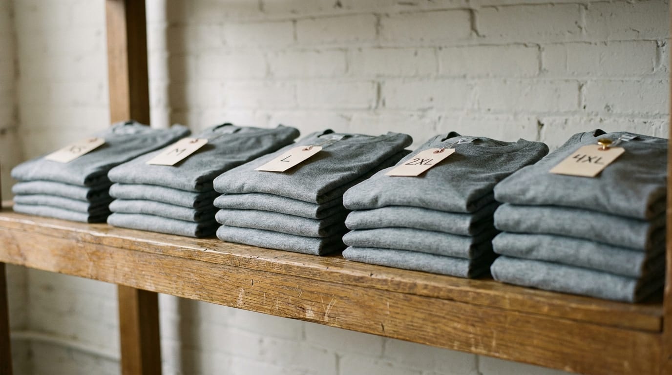 A neatly arranged row of folded company t-shirts in sizes from small through 4XL on a wooden shelf