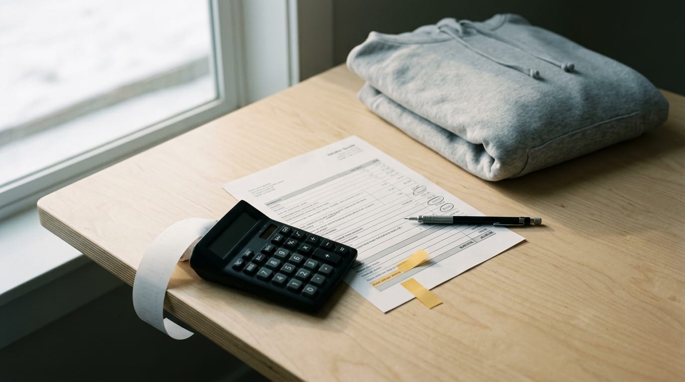 a first-time buyer sits at a desk squinting at a printed promotional products quote, coffee in hand