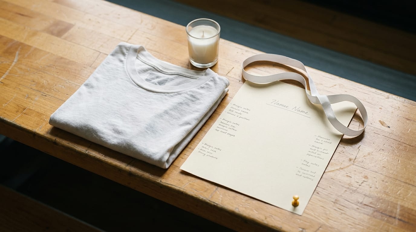 A folded memorial run t-shirt with a small embroidered initial resting on a wooden table beside a race bib