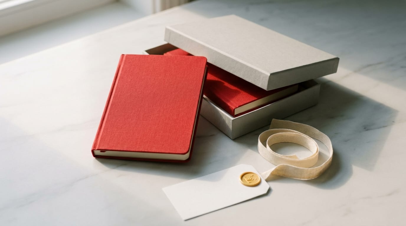 A Moleskine Medium Notebook Gift Set in Scarlet Red, shown in its two-piece gift box with a hard cover ruled notebook beside it, ready for corporate gifting.