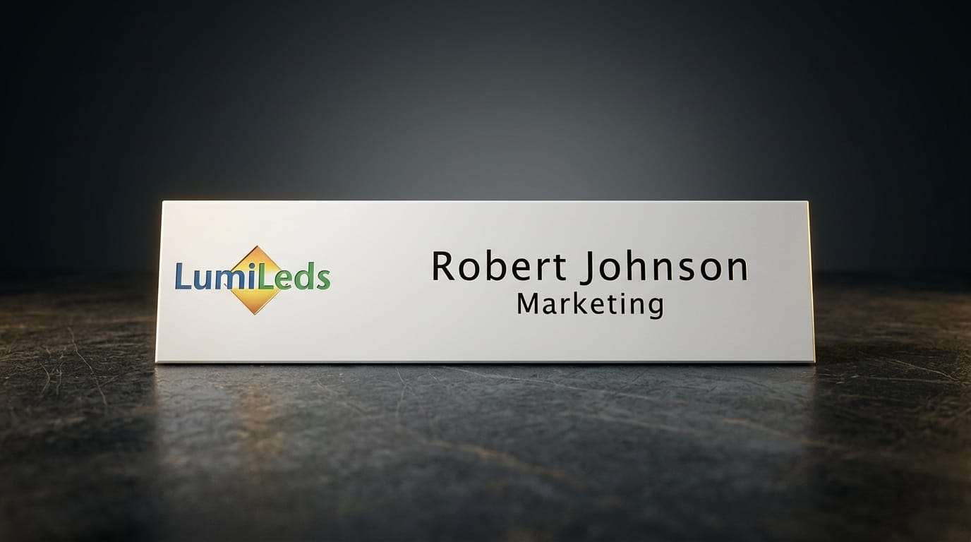 A white full-color personalized name plate reading a staff member's name and title, mounted on a desk in a bright modern office setting