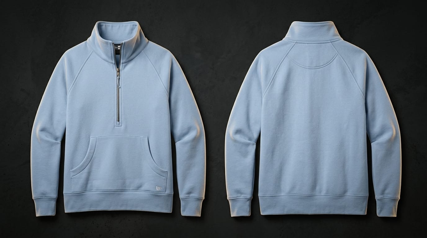 New Era Women's Heritage Fleece 1/2-Zip in Cloud Blue, showing the molded antique nickel zipper, thumbhole cuffs, and embroidered New Era flag at the lower left pocket