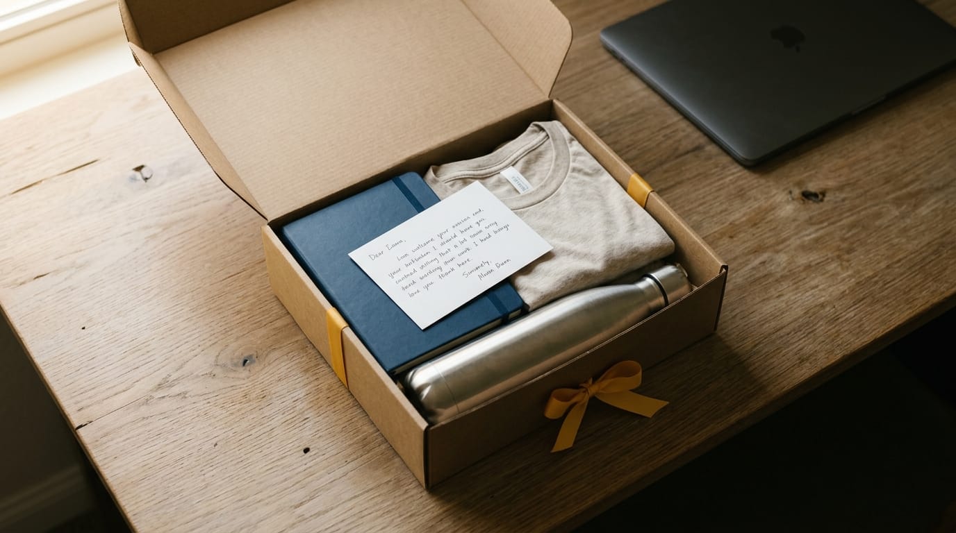 a flat-lay of a modest new hire welcome kit on a wooden desk: notebook, pen, water bottle, and a handwritten card