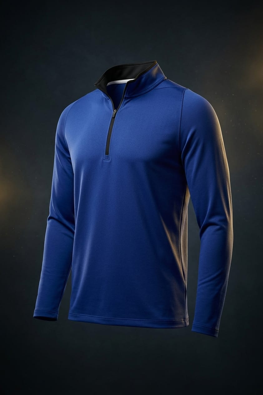 Nike Dri-FIT Stretch 1/2-Zip Cover-Up in Deep Royal Blue and Black, showing contrast collar, zipper, and embroidered Swoosh on the upper left sleeve