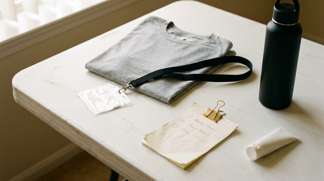 A folded volunteer event-day kit laid flat on a table: branded tee, lanyard, water bottle, and sunscreen