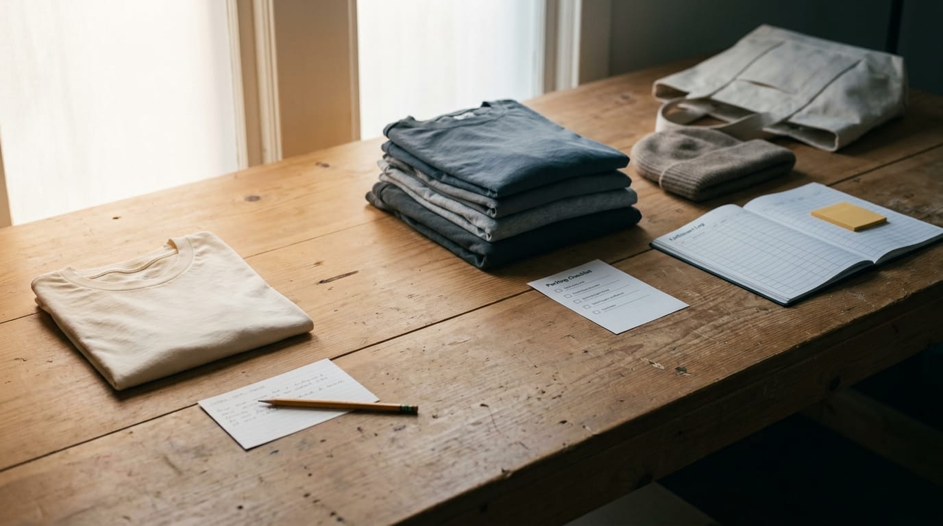a flat-lay of branded onboarding kit contents including a hoodie, notebook, water bottle, and sticker pack on a light background