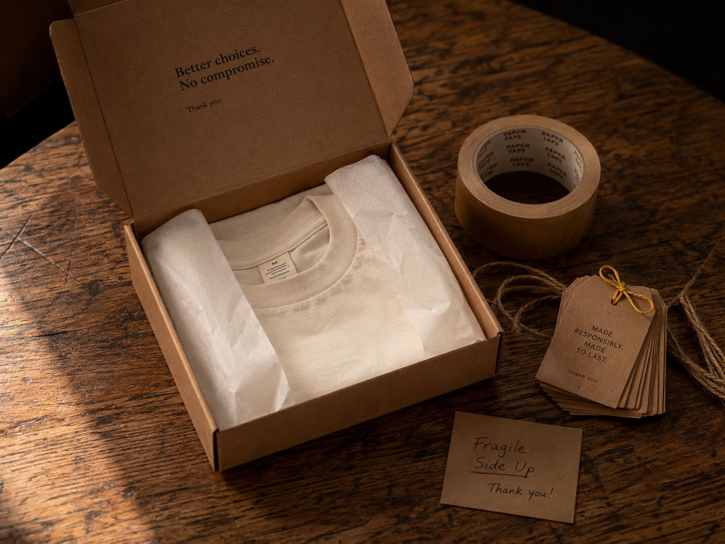 A wooden table with kraft paper-wrapped nonprofit event shirts, twine, and a recycled cardboard mailer beside a folded tote bag