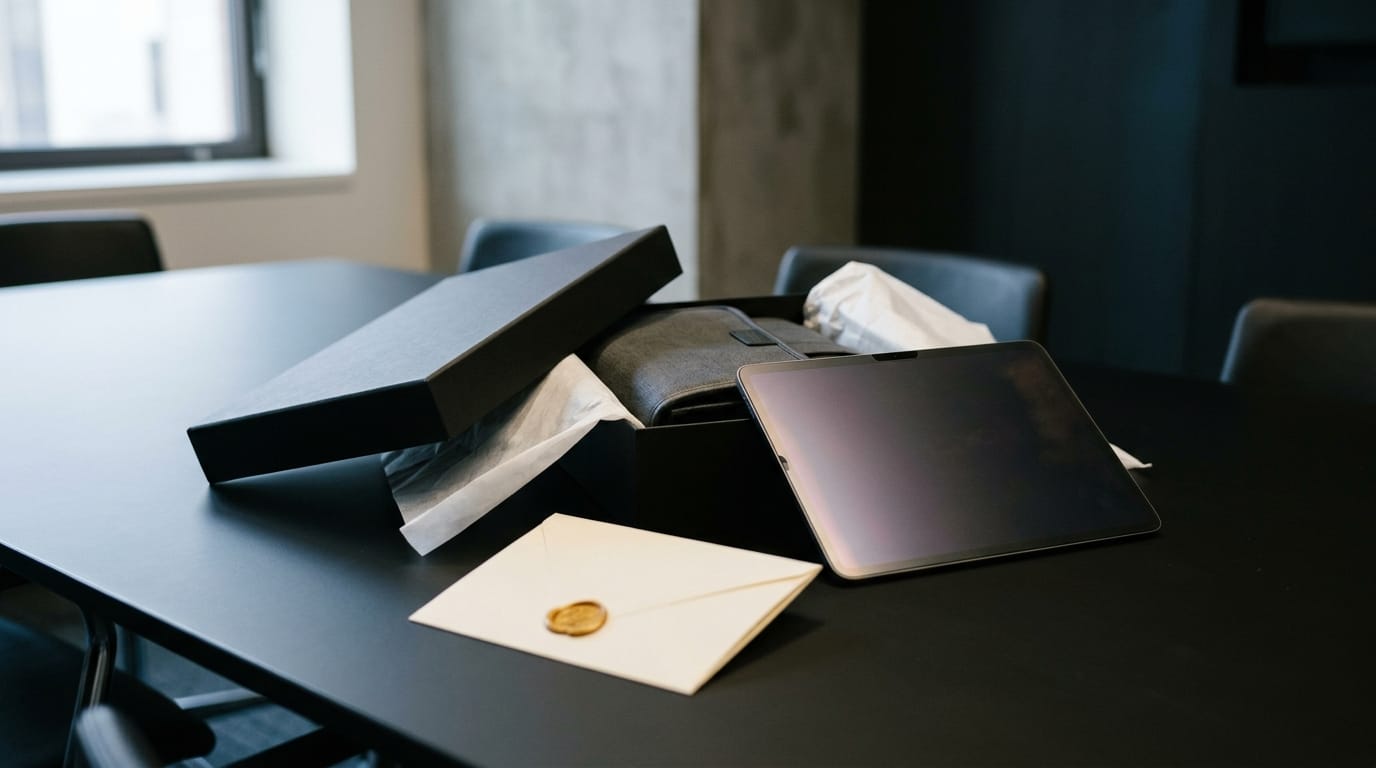 A curated trade-show booth display showing high-end branded giveaways arranged on a white countertop under warm lighting