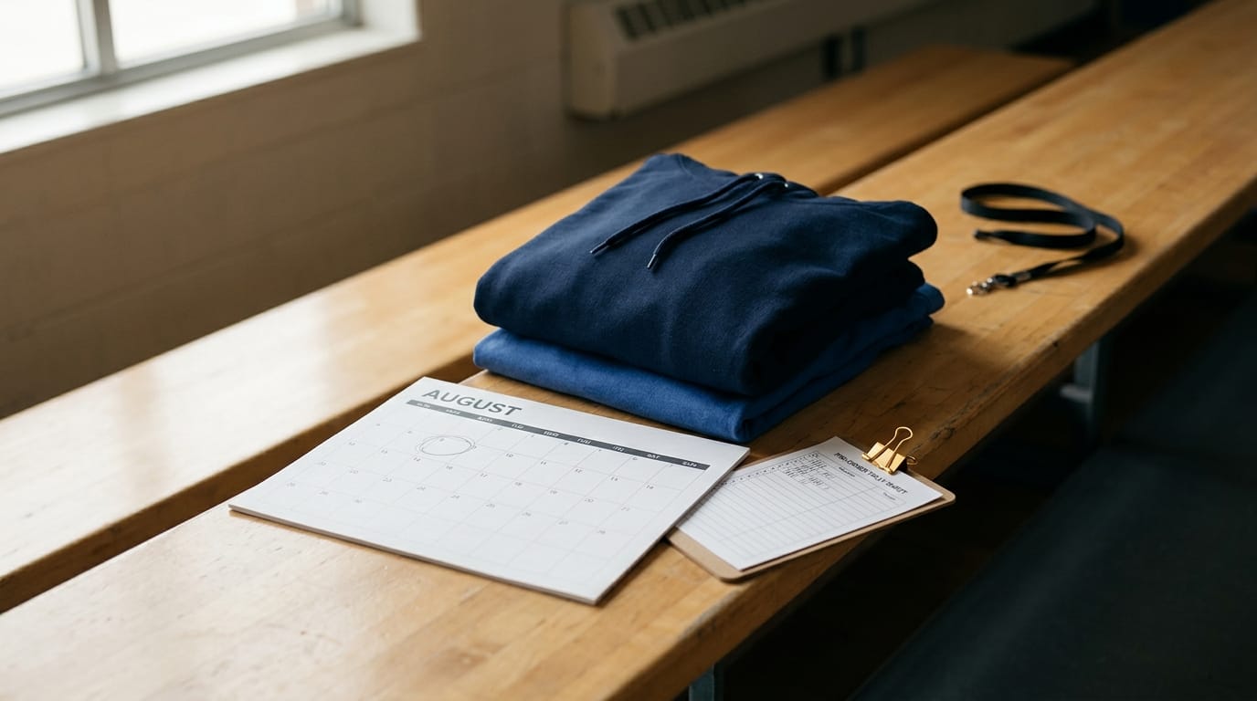 A folded stack of royal blue school spirit tees on a gymnasium bleacher, with a back-to-school supply list nearby