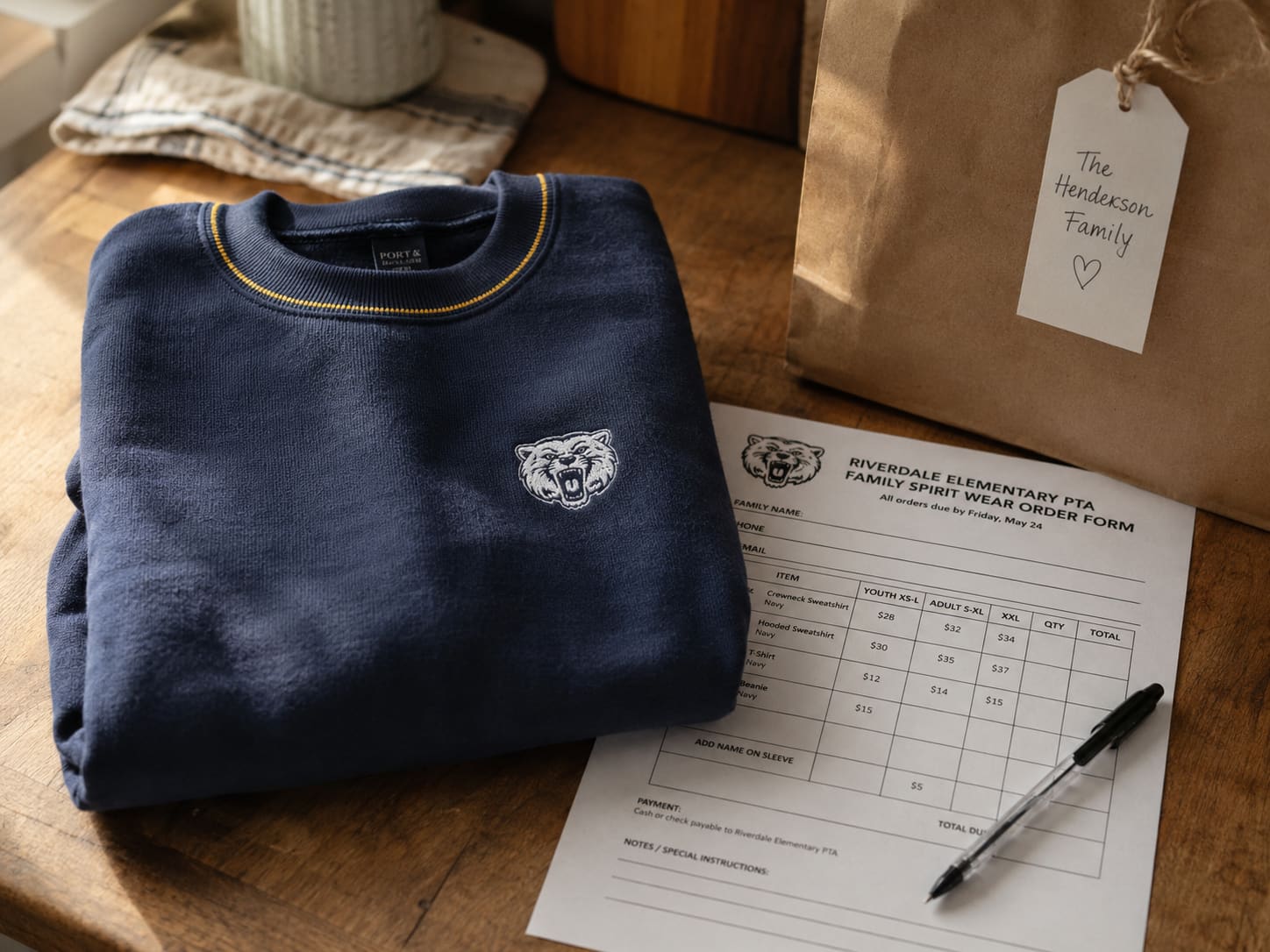 A folded navy school spirit t-shirt sitting on a kitchen counter next to car keys and a travel coffee mug