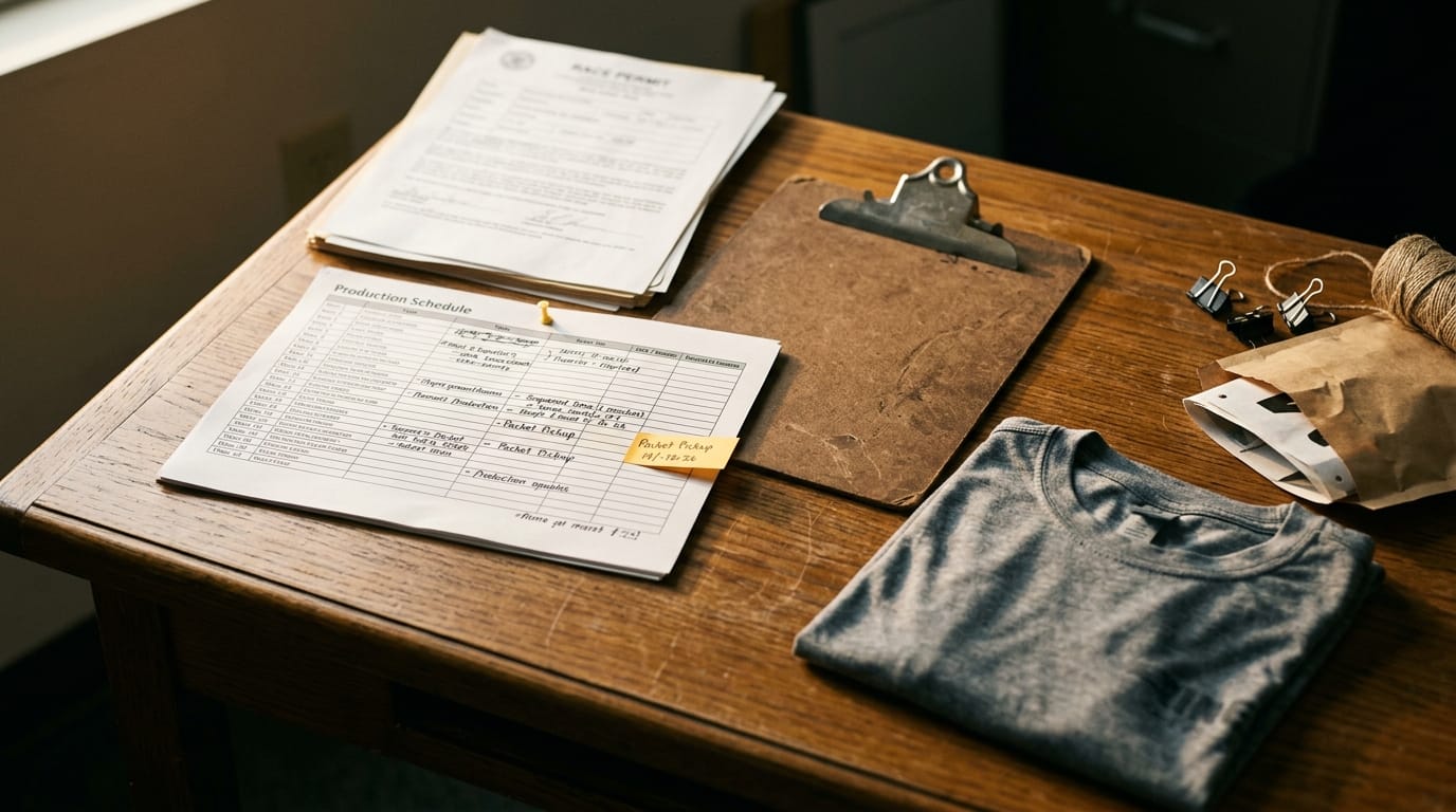 a race director reviewing a printed production timeline pinned to a folding table at an outdoor event venue