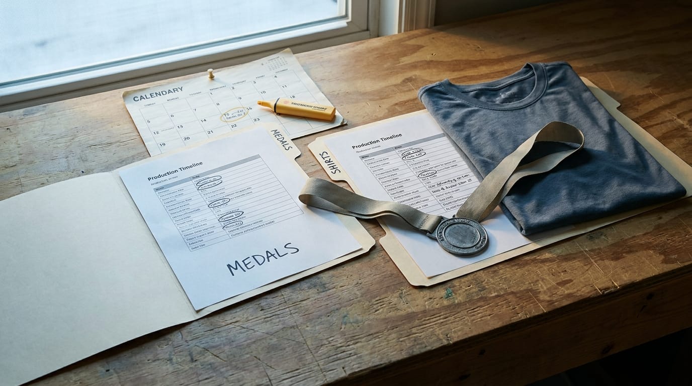 A race director stands at a folding table surrounded by stacked finisher medals and boxed race shirts before an outdoor 5K event