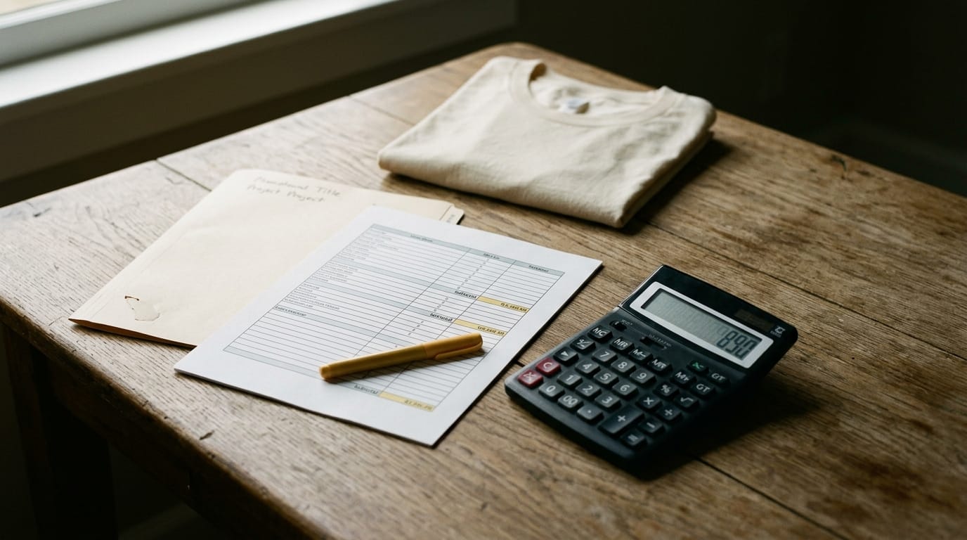A flat-lay of event swag items, a budget spreadsheet, and a calculator on a wooden desk