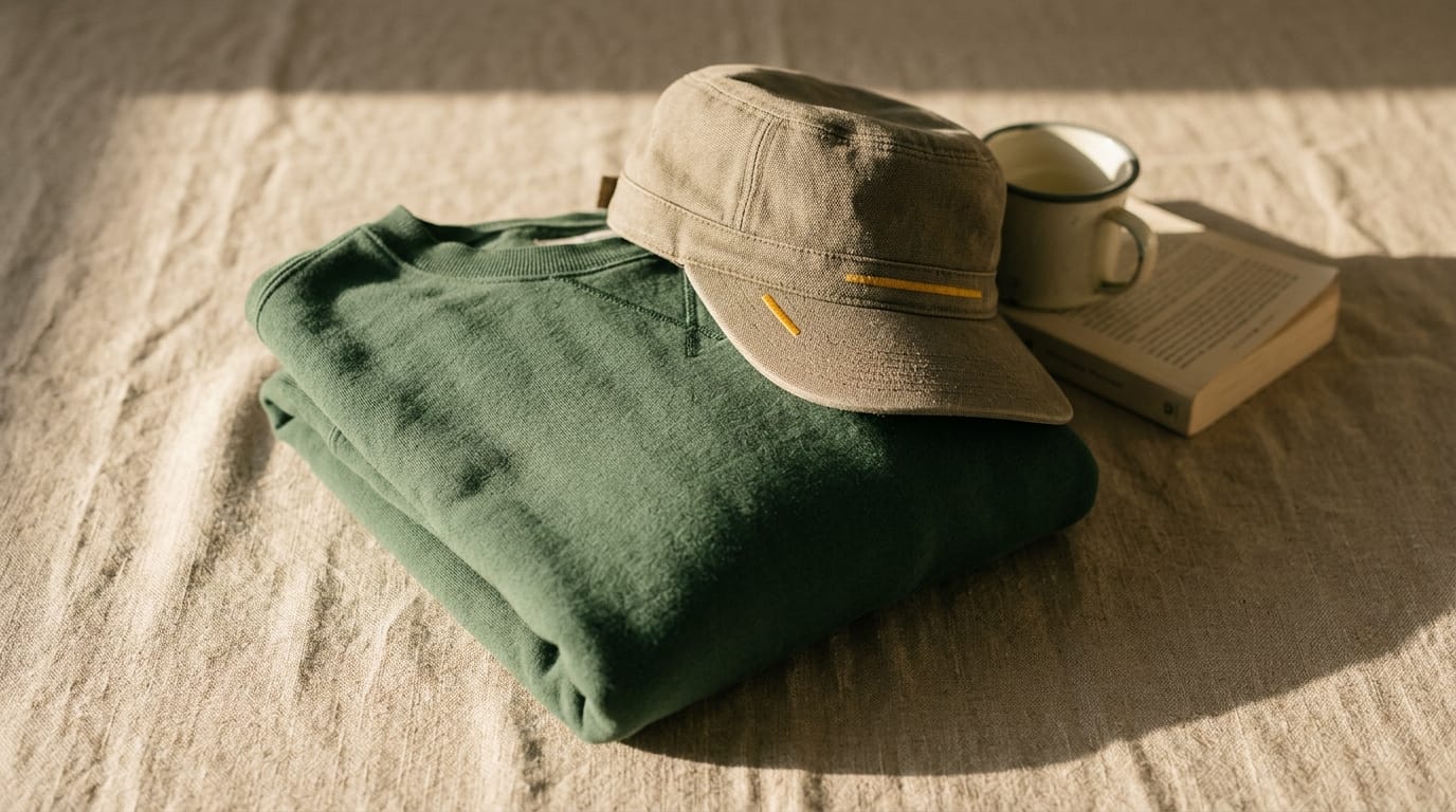 A neatly arranged retreat gift set on a wooden table: a premium crewneck, a small notebook, and a candle, photographed in warm afternoon light