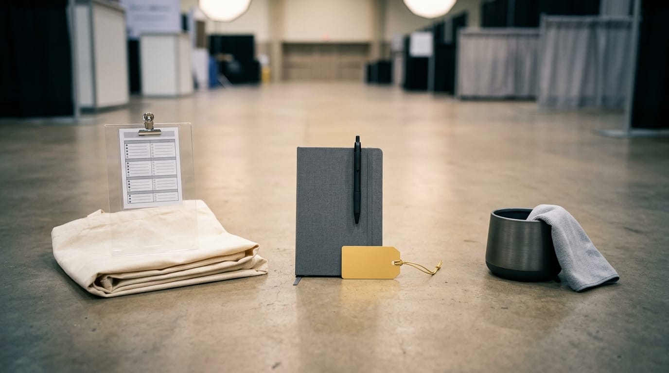 a busy SaaS conference exhibit hall with branded swag laid out across a standing-height booth table