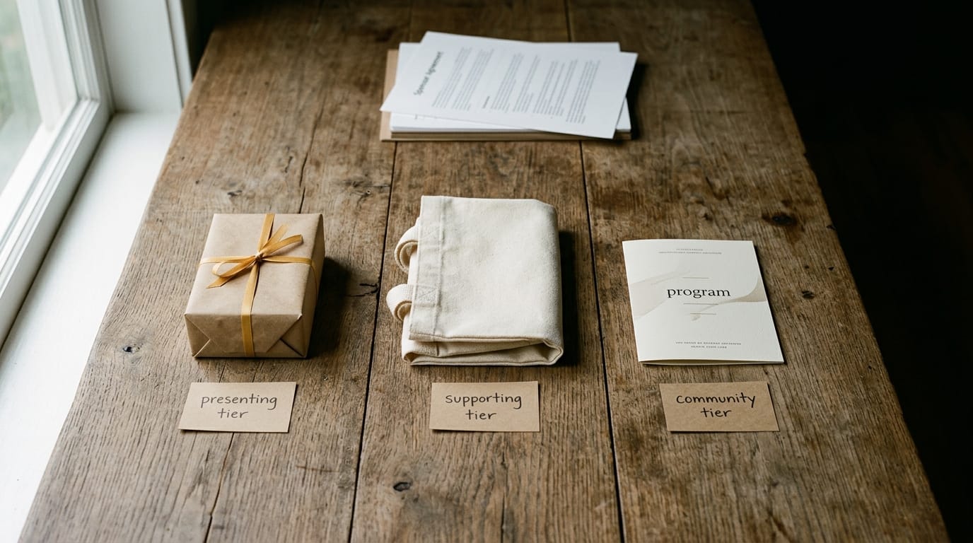 a nonprofit event table displaying four distinct sponsor gift tiers, from a branded jacket down to a sticker pack, arranged side by side