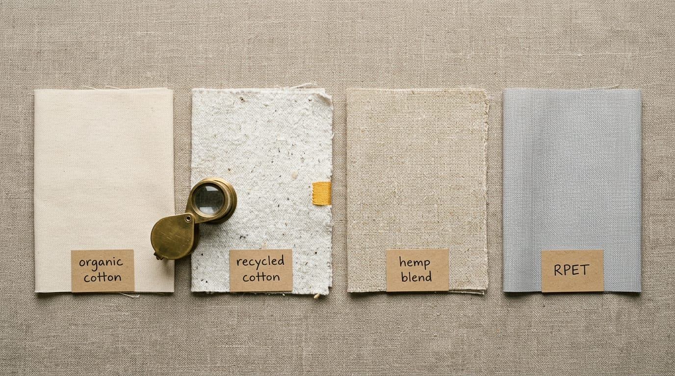 A close-up of colorful clothing hangtags with eco-friendly claims spread on a wooden table, one tag held up to light
