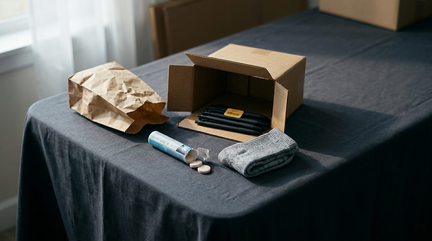 a flat-lay of assorted event swag bag items including pens, socks, mints, and a branded tote on a white table