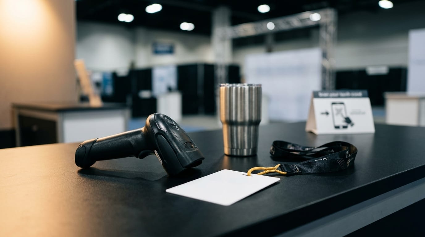 a trade-show booth attendant handing a branded item to a visitor while scanning their badge at a busy convention hall