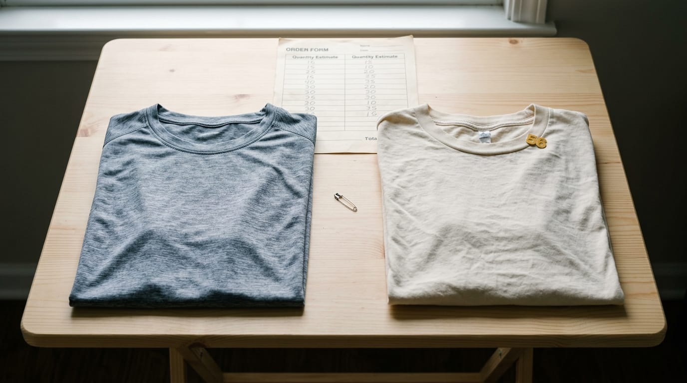 a race director holds up two folded shirts at a registration table, one grey tech tee and one white cotton tee