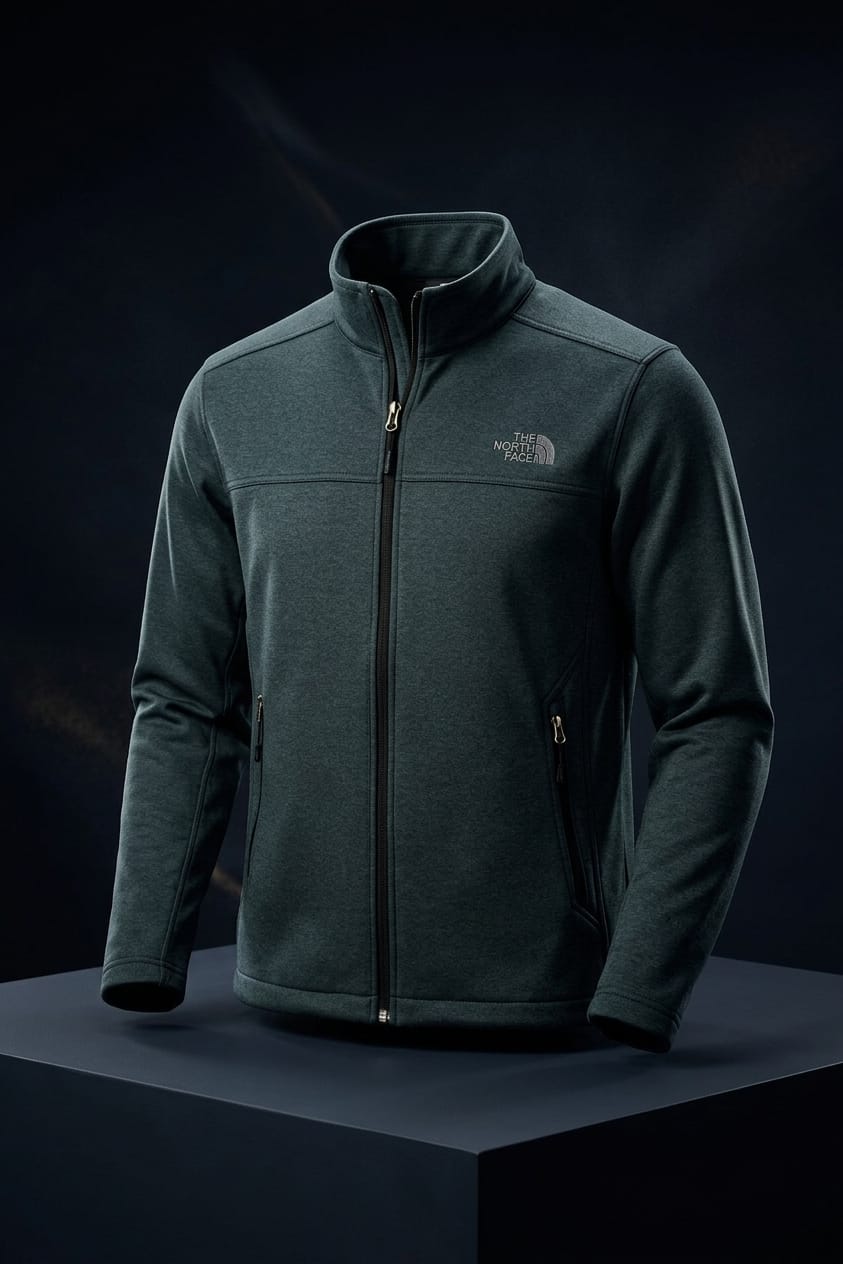The North Face Chest Logo Ridgewall Soft Shell Jacket in TNF Dark Grey Heather, showing embroidered chest logo and clean soft-shell silhouette