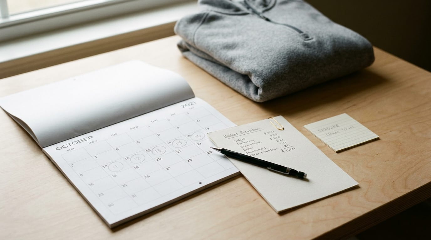 a flat-lay of year-end employee gift items including a quarter-zip, tote bag, and water bottle on a neutral background